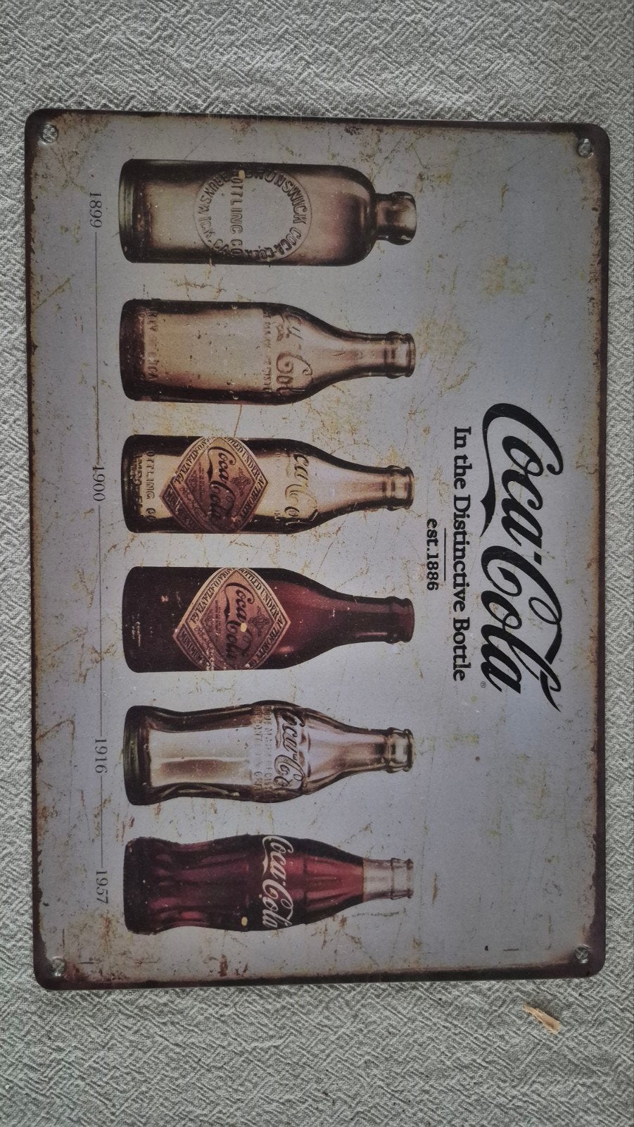 Vintage Coca-Cola metalen bord - Flessen evolutie, Antiek en Kunst, Ophalen of Verzenden