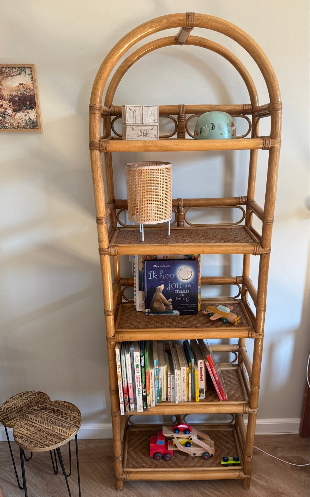 Vintage bamboe boekenkast/stellingkast boog met 5 planken, Ophalen, Gebruikt, Boho, vintage, retro, 50 tot 100 cm