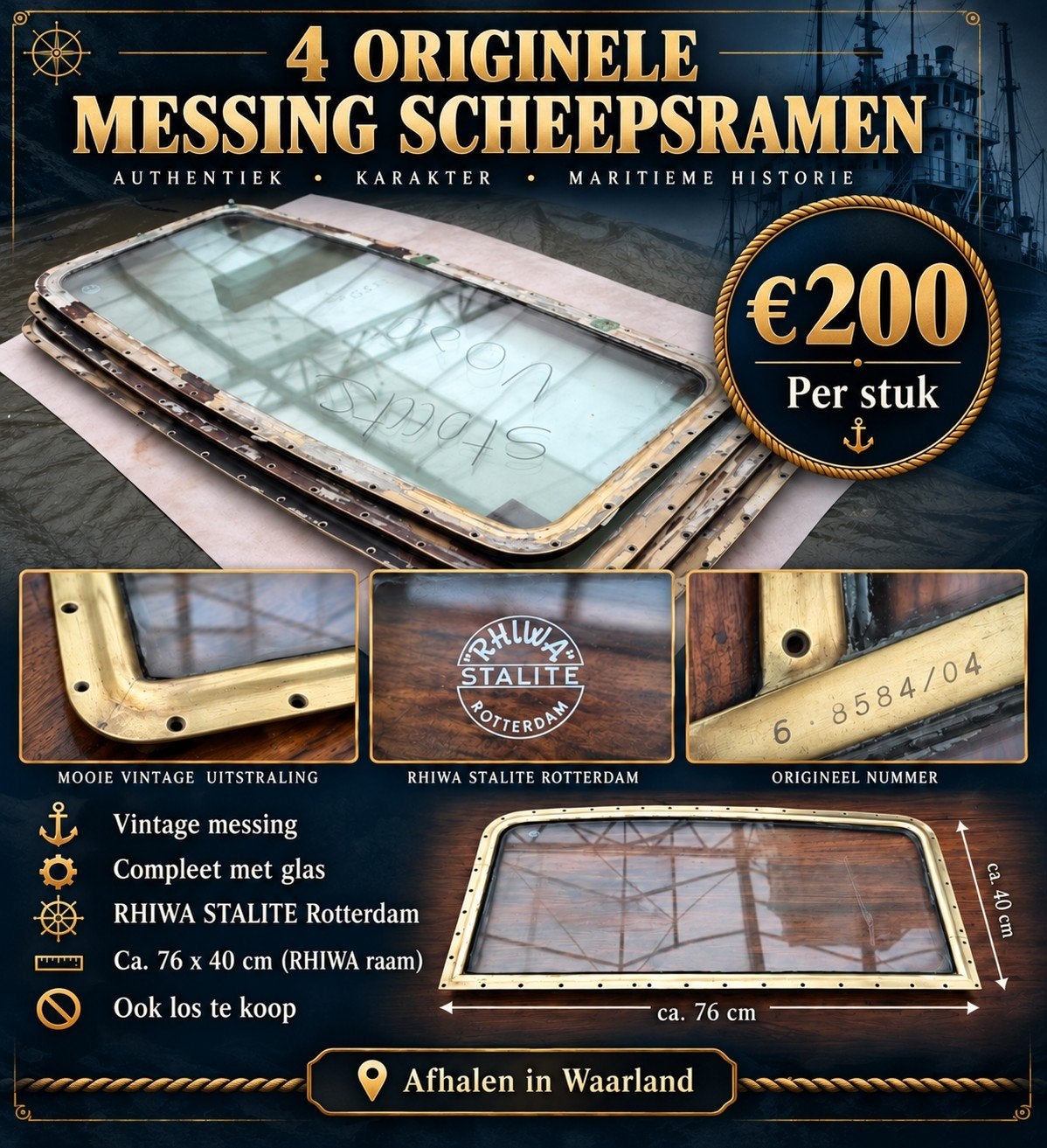 4 Originele Messing Scheepsramen met Glas - Vintage, Ophalen