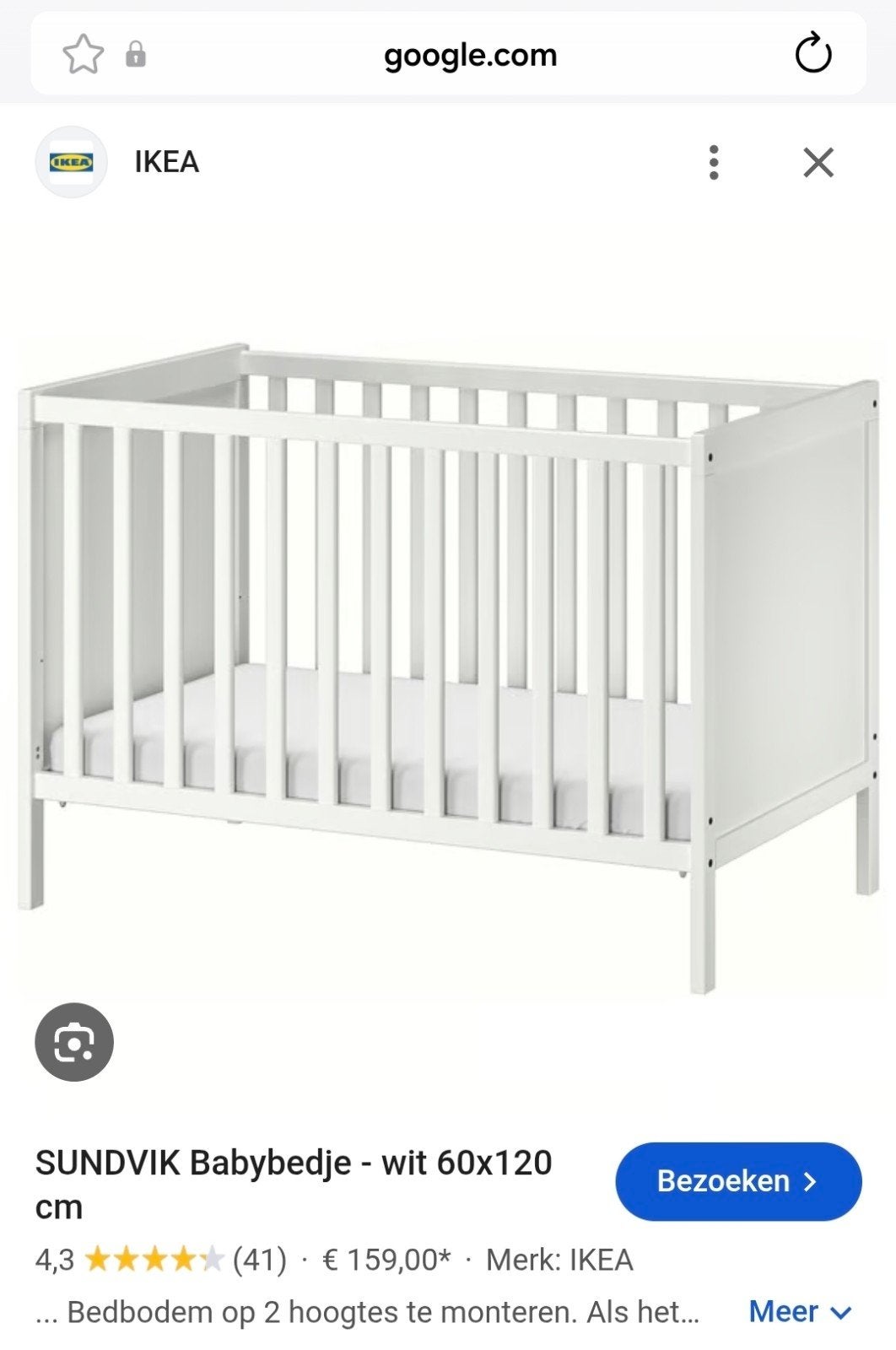 IKEA SUNDVIK Babybedje - wit 60x120 cm, Ophalen, Gebruikt, Ledikant