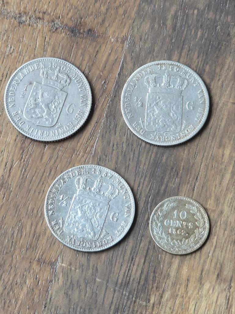3x 1/2 guldens 1905, 1860, 1857 + 10cent 1862, ½ gulden, Koning Willem III, Zilver, Ophalen of Verzenden
