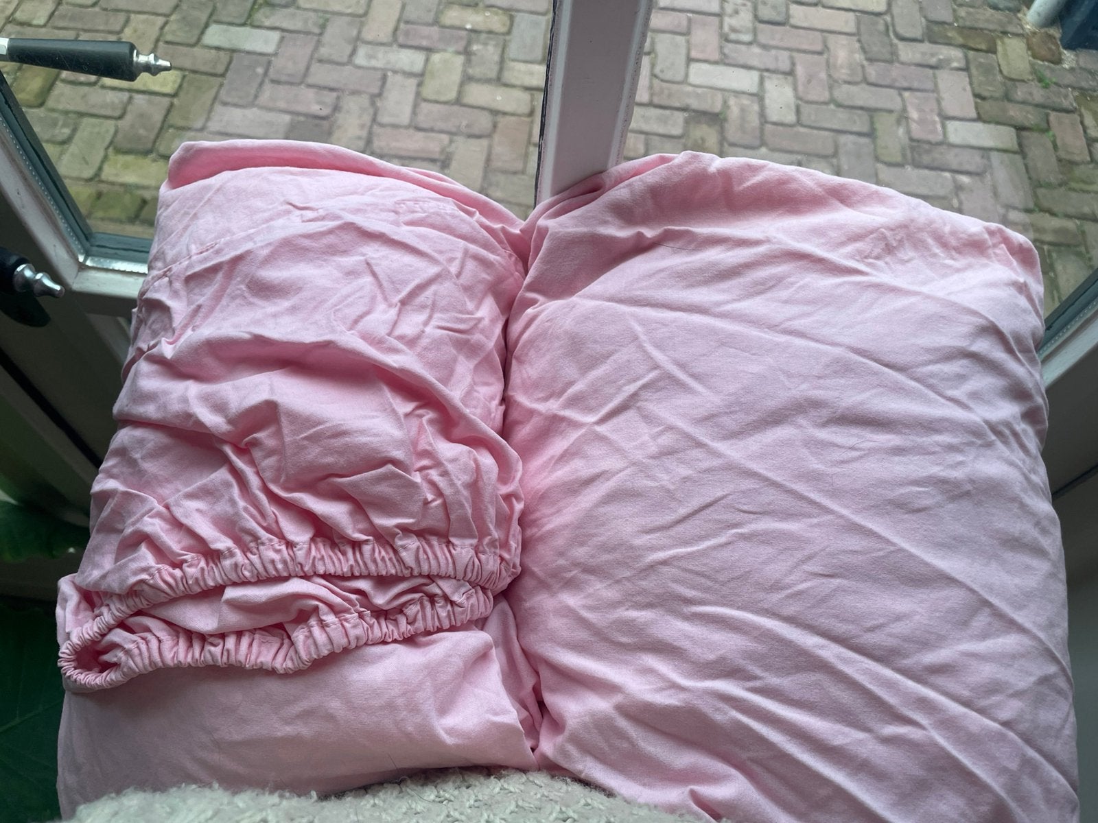 2 roze splittopper hoeslakens 180 x 200 van cinderella, Huis en Inrichting, Gebruikt, Hoeslaken of Sloop, Katoen, Tweepersoons