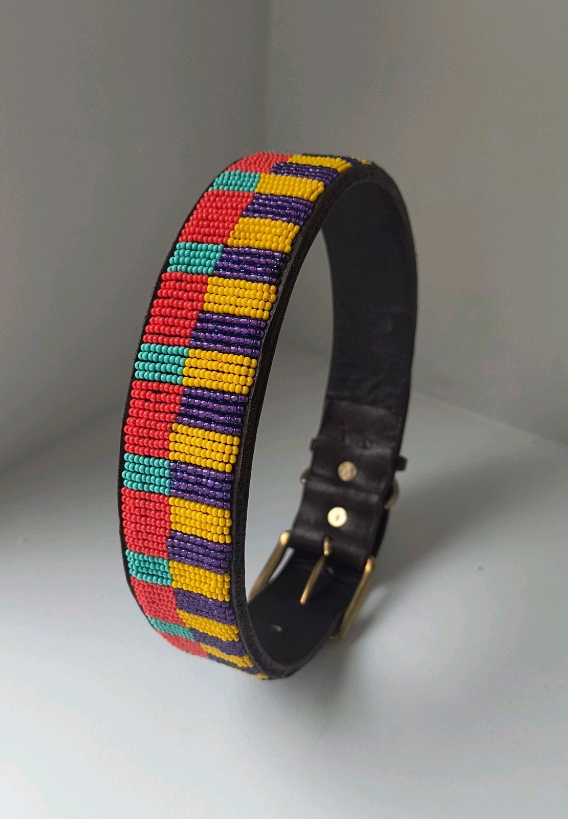 Handgemaakte leren hondenhalsband met kralen – XL, Ophalen of Verzenden, Nieuw