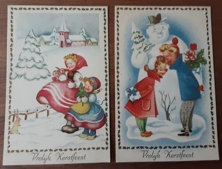 2 Vintage Kerstkaarten: Kinderen in Winterlandschap, Ophalen of Verzenden