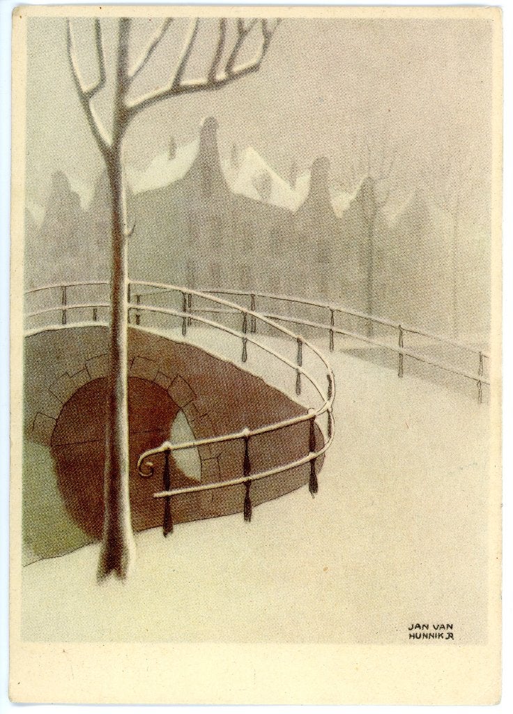 Vintage Kerstkaart Jan van Hunnik – Winters Stadsgezicht, Ophalen of Verzenden, 1940 tot 1960, Ongelopen, Feest(dag)
