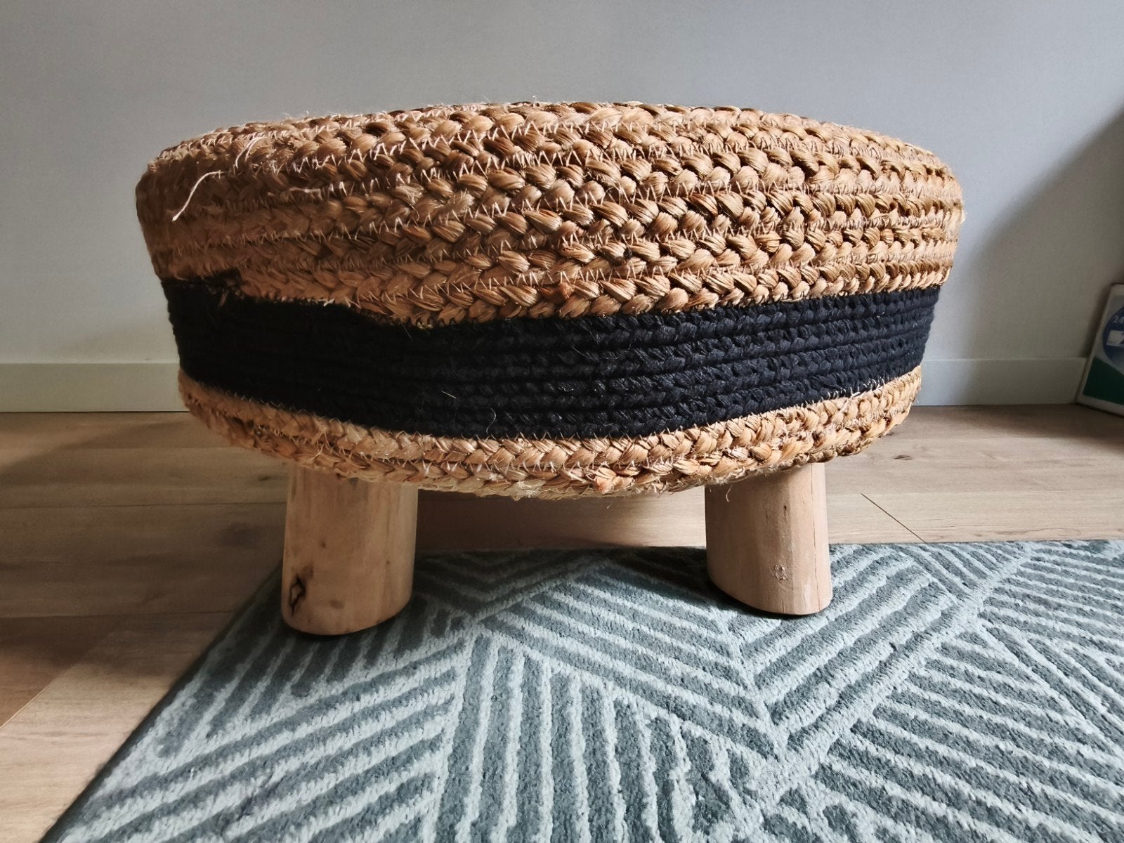 Prachtige Zware Jute Poef / Hocker van Loods 5 – Topkwalitei, Ophalen, Zo goed als nieuw, Hout