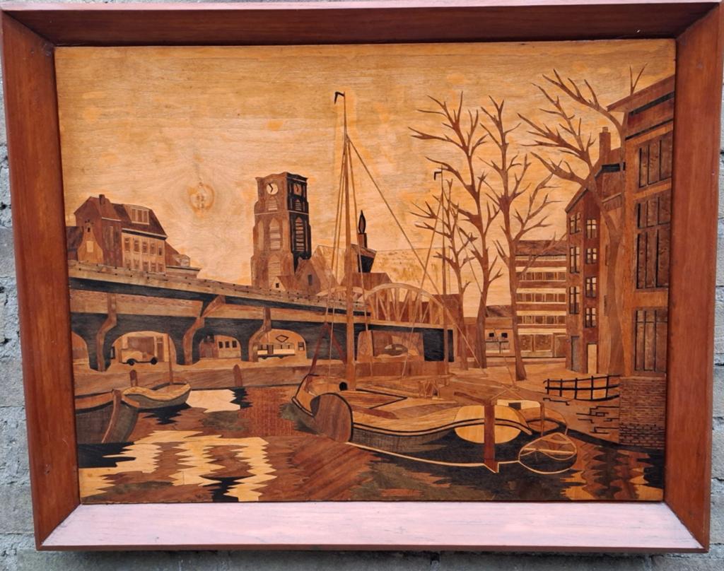 ROTTERDAM.  Spoorweg viaduct/Laurenstoren. Intarsia. Ca 1930, Ophalen, Gebruikt, Hout, Meerkleurig