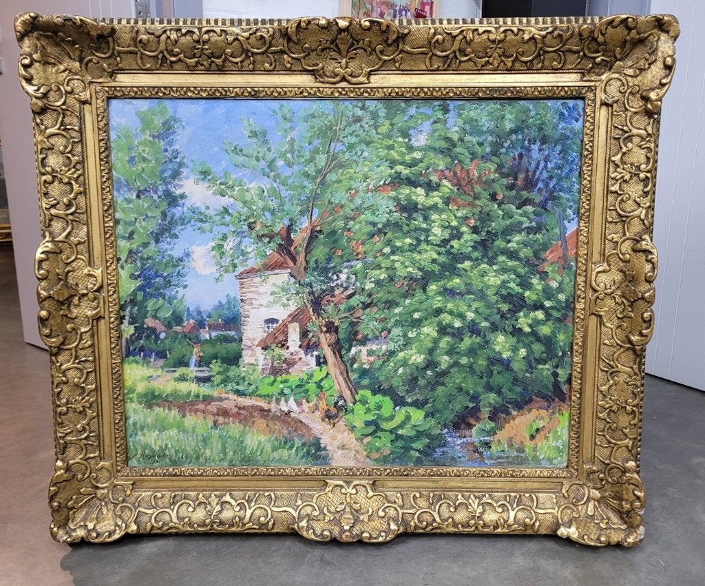 Alfred HAZLEDINE, boerin met kippen bij de hoeve, Antiek en Kunst, Ophalen, Doek, Impressionistisch, Olieverf