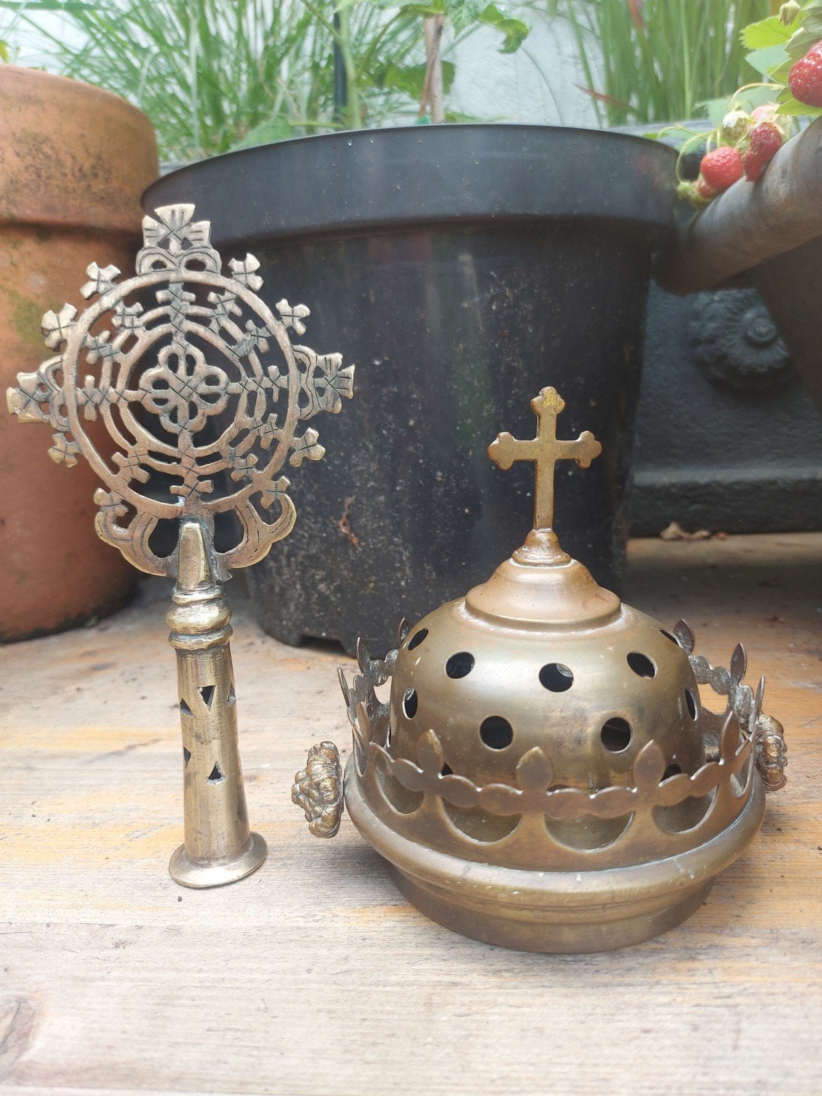 Antiek processie kruis en rookverdrijver, Antiek en Kunst, Ophalen of Verzenden