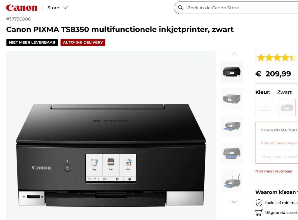 canon Printer TS8350 (compleet in Doos en documentatie), Draadloos, Printer, Inkjetprinter, Ophalen of Verzenden