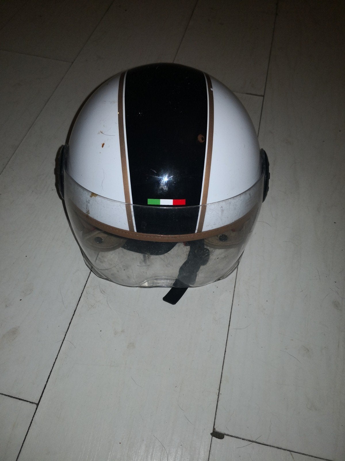 Witte scooterhelm met vizier en Italiaanse strepen, Ophalen of Verzenden, Gebruikt, Medium, Onbekend