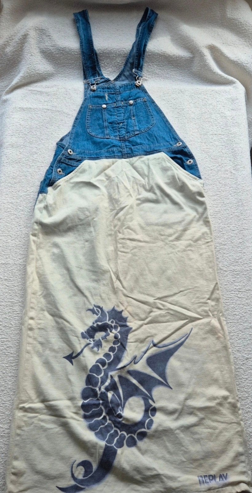 Vintage Replay denim tuinbroek jurk met drakenprint, Kleding | Dames, Maat 38/40 (M), Blauw, Replay, Ophalen of Verzenden