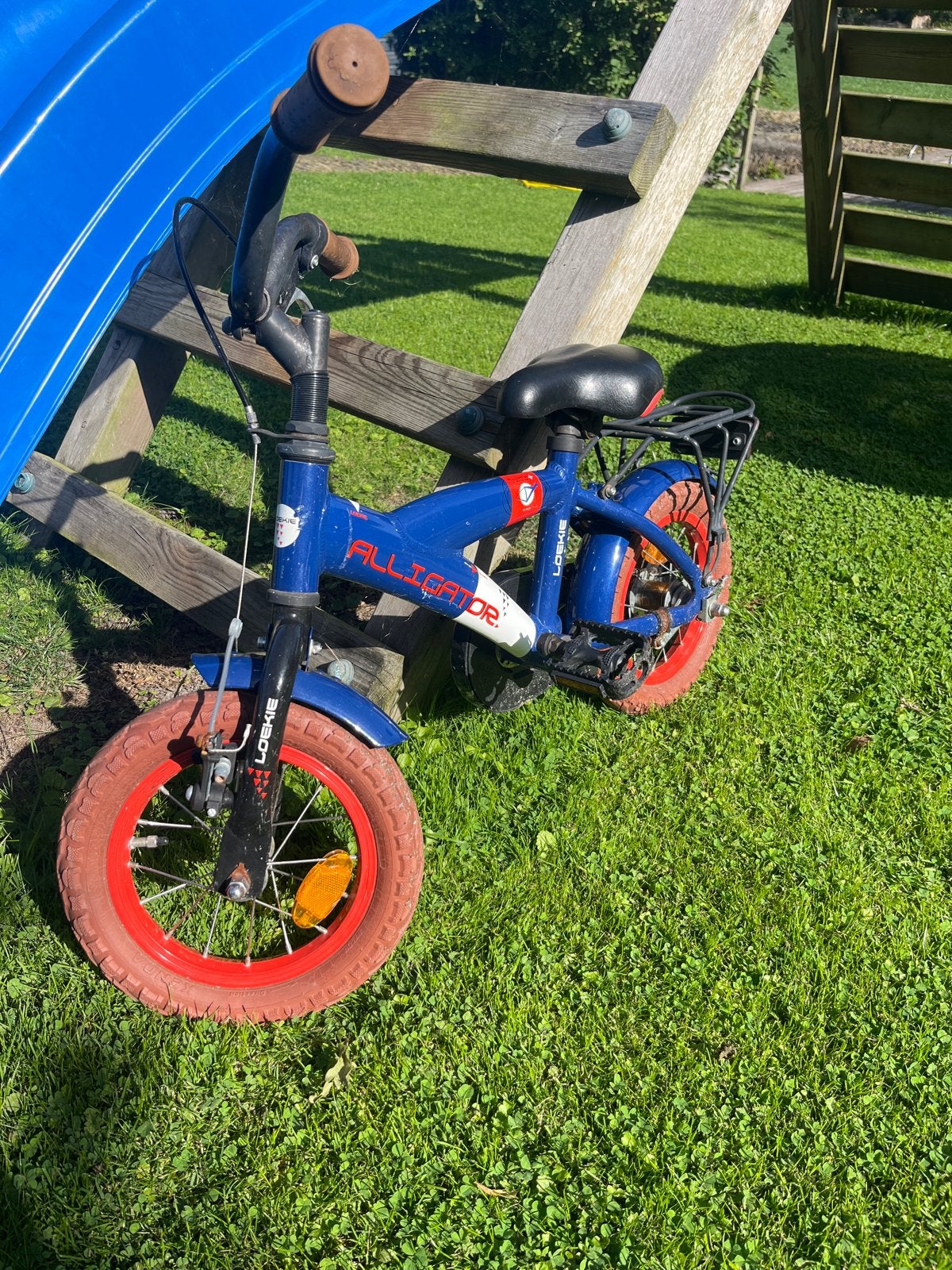 Kinderfiets Loekie Alligator 12 inch - Blauw met rode banden, Ophalen, Gebruikt, Terugtraprem, Minder dan 16 inch