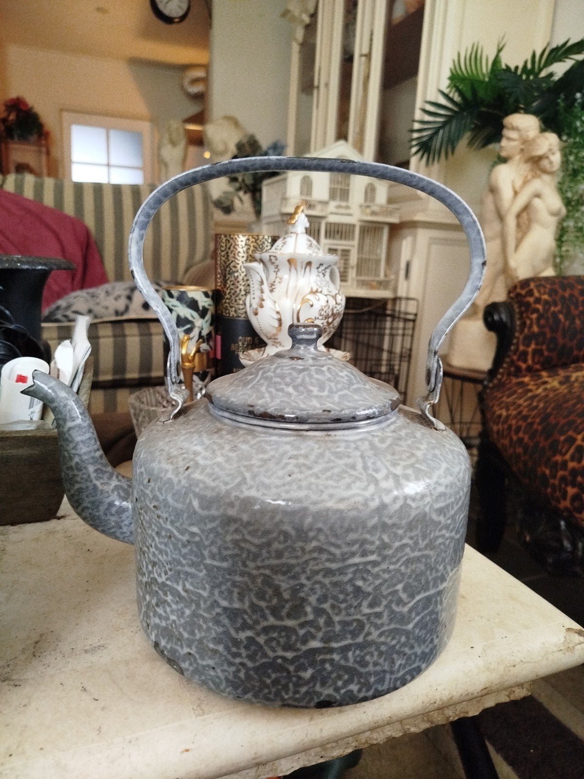 Vintage geëmailleerde water ketel- grijze spikkel, Ophalen of Verzenden