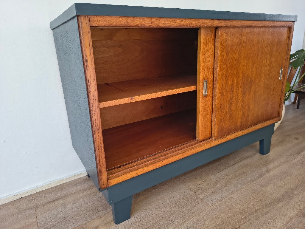Mid-century dressoir kast - Teak & Petrol blue, Met plank(en), 100 tot 150 cm, Ophalen of Verzenden, Zo goed als nieuw
