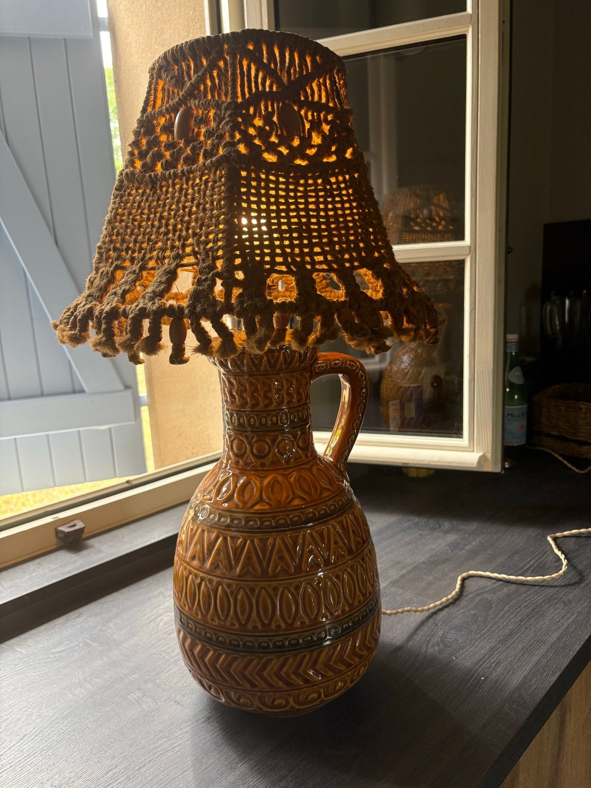 Unieke West Germany vaas lamp met macramé kap, Ophalen of Verzenden