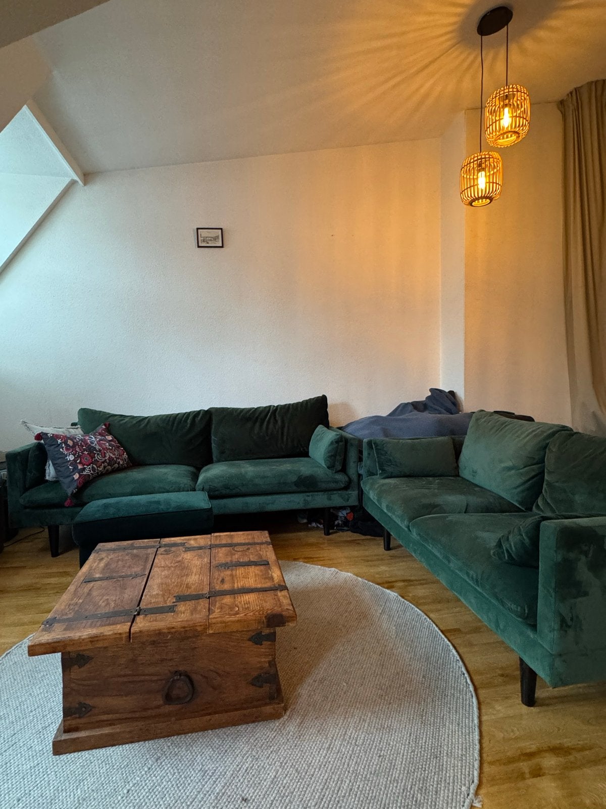 Donkergroene banken set met poef (fluweel/velours), Ophalen, Gebruikt, 125 cm of meer, 125 cm of meer