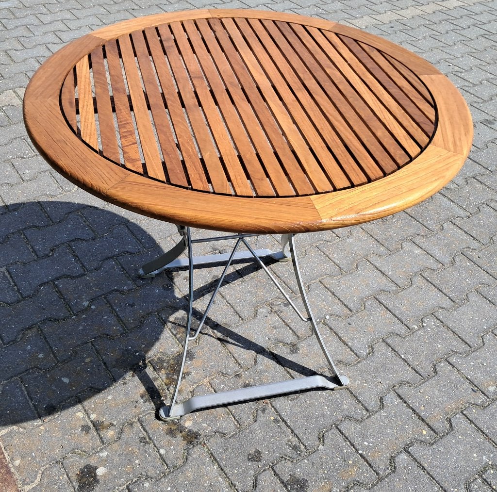Teak & Garden bistrotafel 90 cm doorsnede, inklapbaar, Ophalen, Gebruikt, Teak & Garden, Kampweg 70 C, 3941 GP Doorn