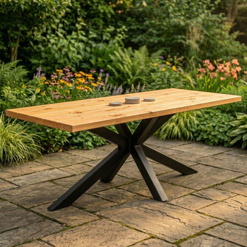 Massief Douglas Houten Tuintafel – Met Stalen Matrix Poot, Ophalen of Verzenden, Nieuw, Rechthoekig, Hout