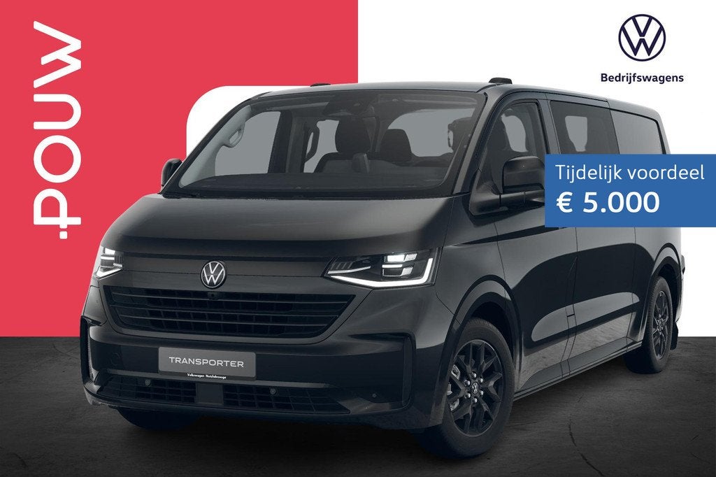 Volkswagen e-Transporter Dubbele Cabine 32 L2H1 218pk 71 kWh, Auto's, Bestelauto's, 12 maanden, Achterwielaandrijving, Zwart, 71 kWh