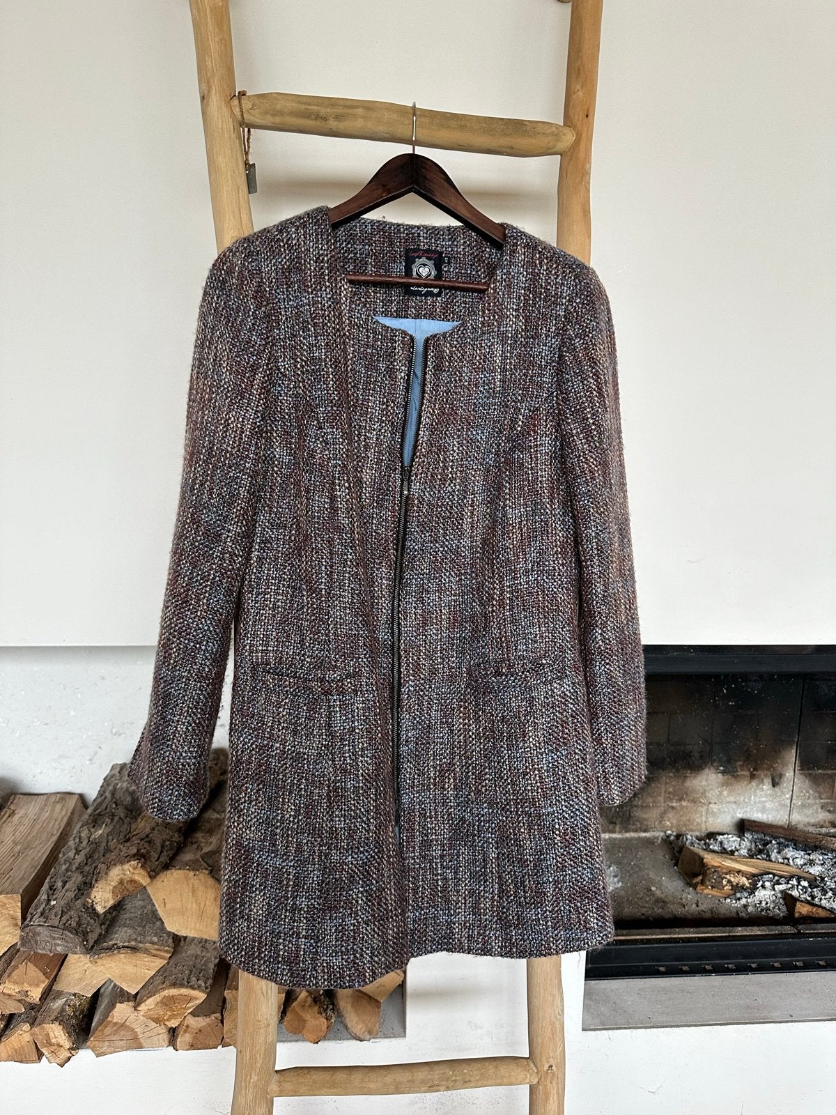 Lang Colbert La Ligna mt 42 geweven wol/poly blauw/bruin/crè, Kleding | Dames, Meerkleurig, Maat 42/44 (L), Ophalen of Verzenden
