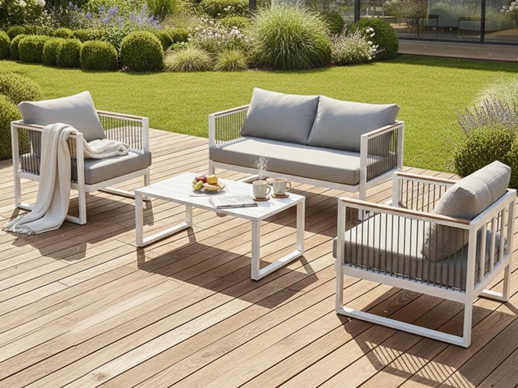 Loungeset tuin NIEUW | Aluminium | 4-delig wit/grijs hout, Ophalen, Zo goed als nieuw, Aluminium, Bank