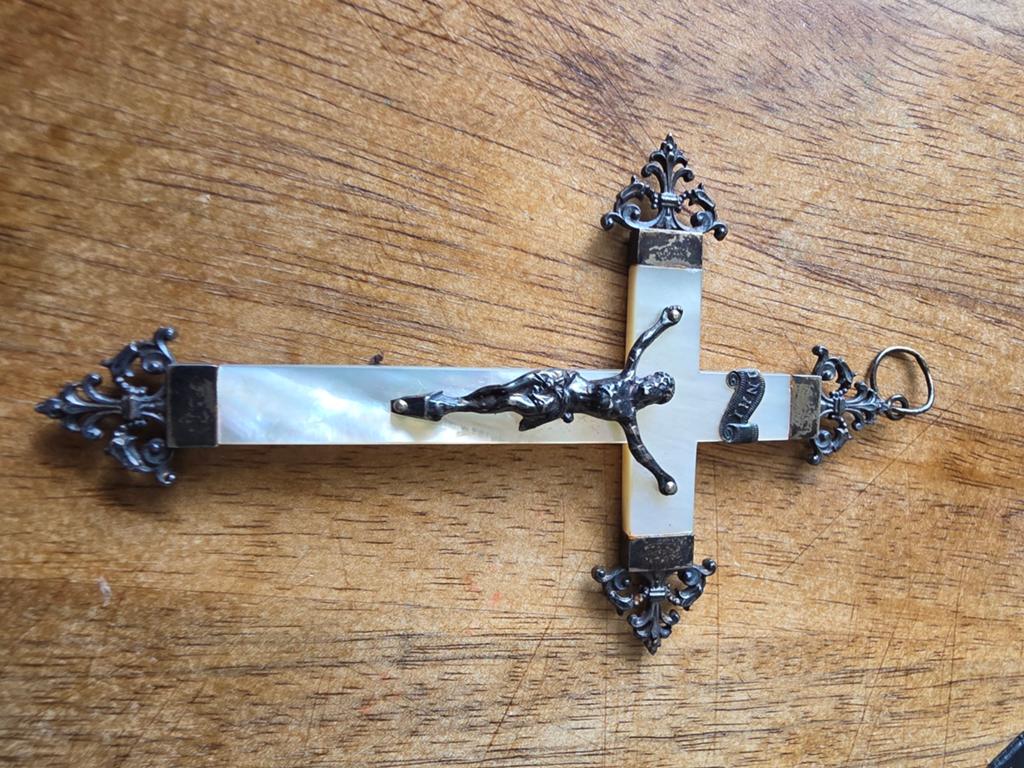 Groot antiek PARLEMOER KRUIS / ZILVER, Ophalen of Verzenden