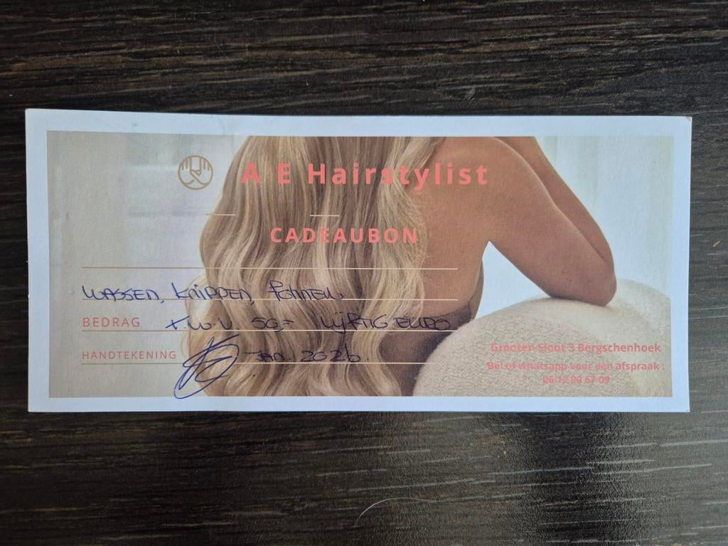 Waardebon A R Hairstylist - Bergschenhoek, Tickets en Kaartjes, Eén persoon, Cadeaubon