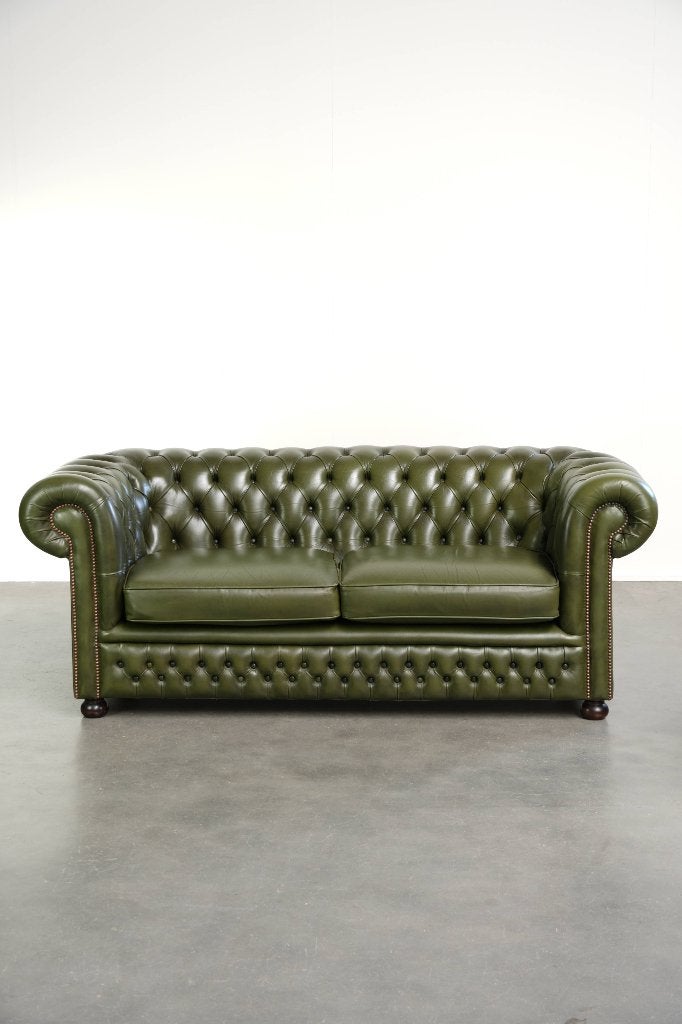 Groene rundleren 2.5 zits Chesterfield bank in Engelse stijl, Ophalen, Gebruikt, 150 tot 200 cm, Chesterfield