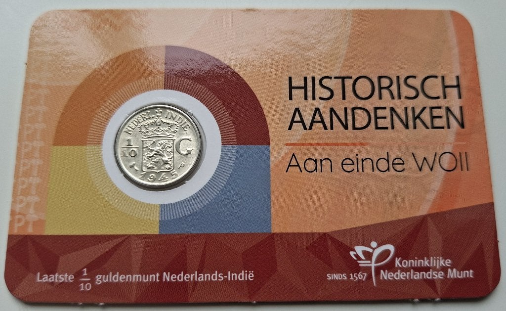 Coincard met 1/10 gulden Nederlands Indie 1945 P, Verzenden, Koningin Wilhelmina, 10 cent, Losse munt