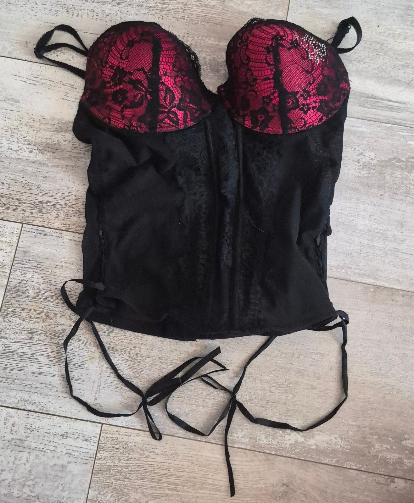 Zwart kanten korset met roze details, Onbekend, Ophalen of Verzenden, Zwart, Body of Korset