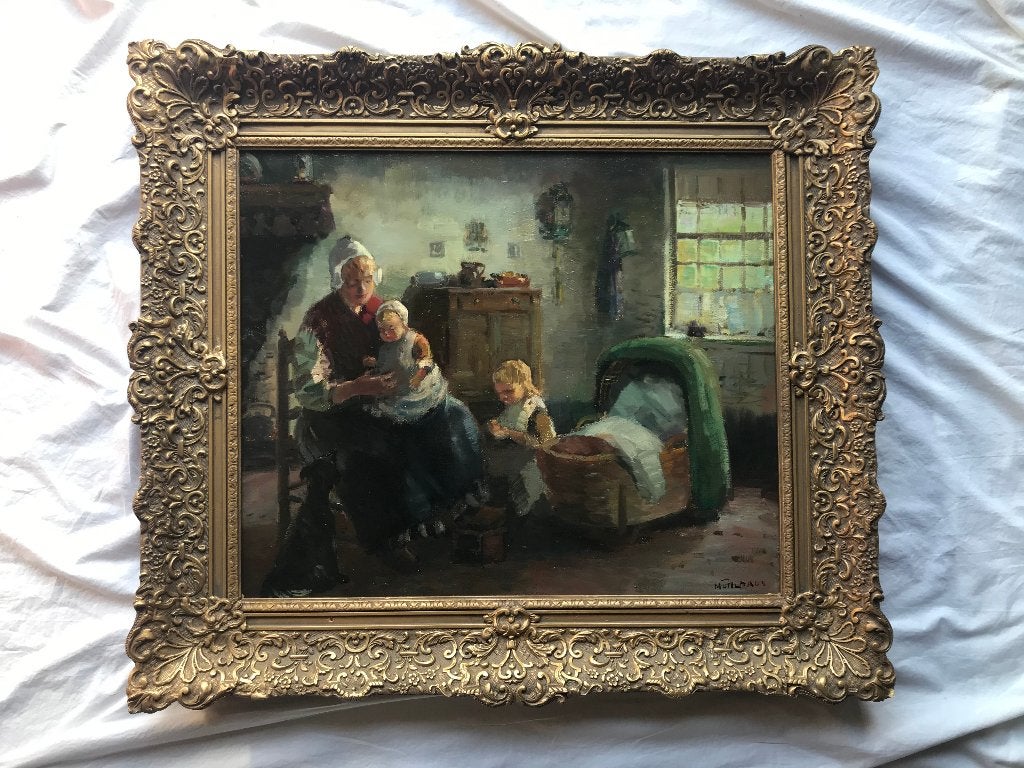 Schilderij Daan Muhlhaus Interieur Moeder Kind Hond Kinderen, Antiek en Kunst, Nederlandse school, Doek, Ophalen of Verzenden