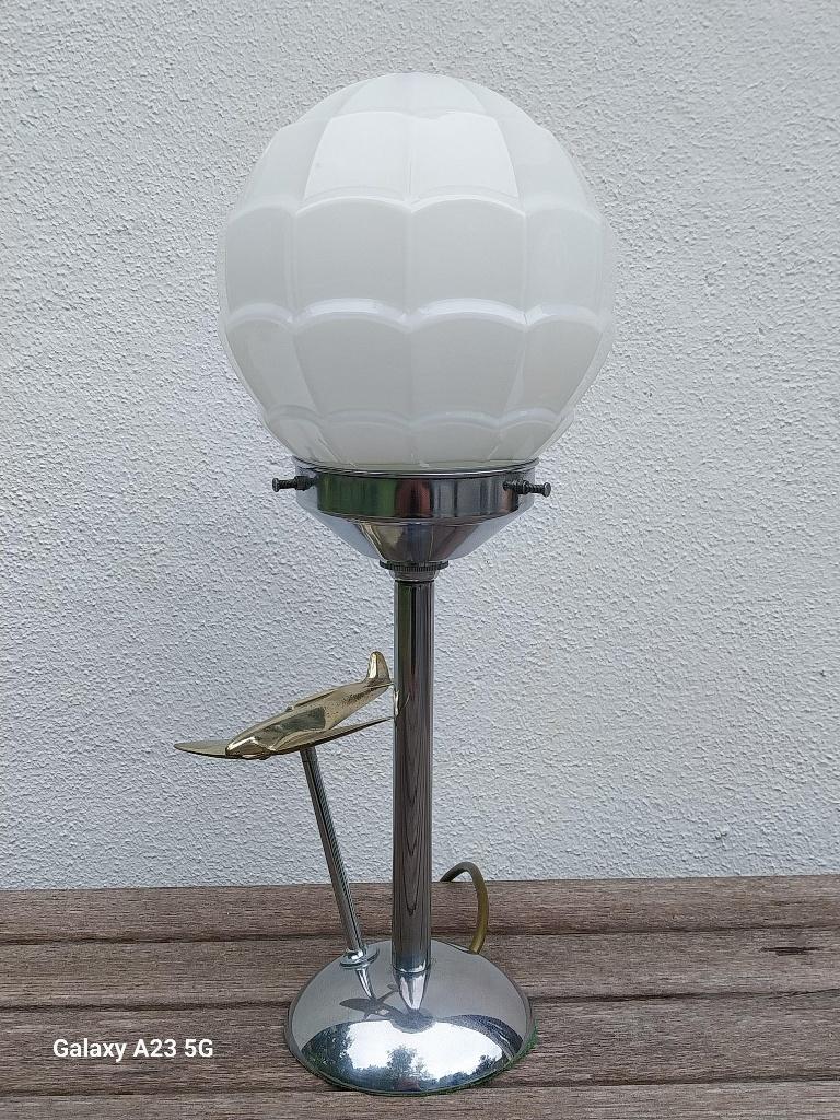 Art Deco tafellamp vliegtuig aviation lamp opaline melkglas, Ophalen of Verzenden
