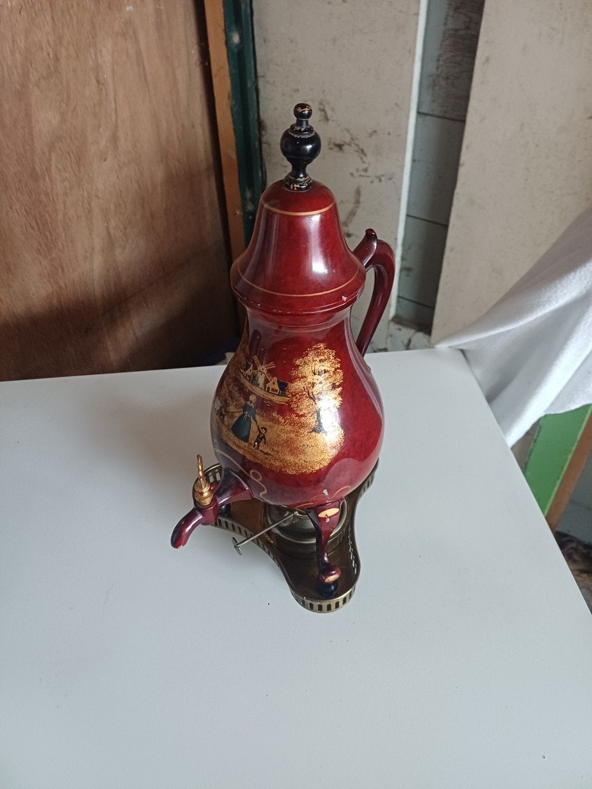 Antieke metalen waterkoker met boerenprint - Rood/Goud, Ophalen of Verzenden