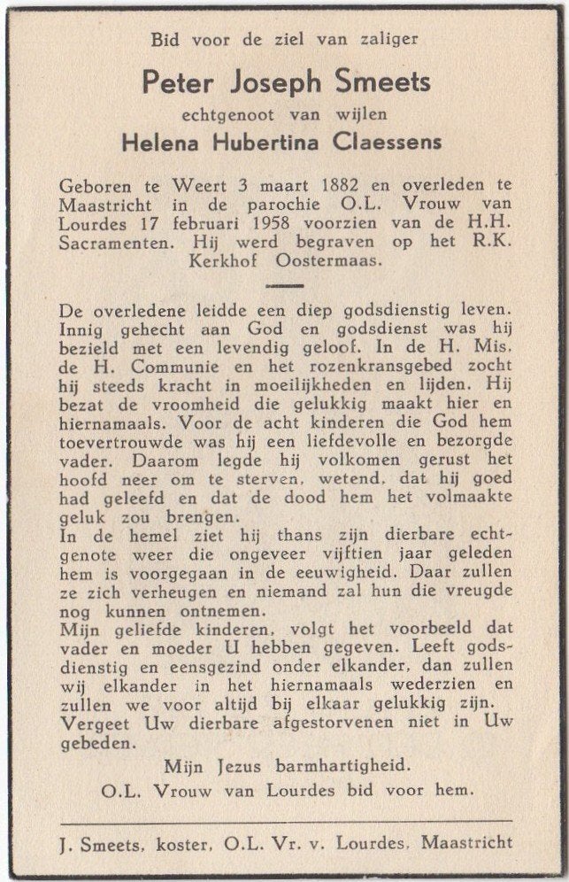 Peter J. Smeets 1882 Weert + 1958 Maastricht, 75 jaar oud, Verzamelen, Verzenden