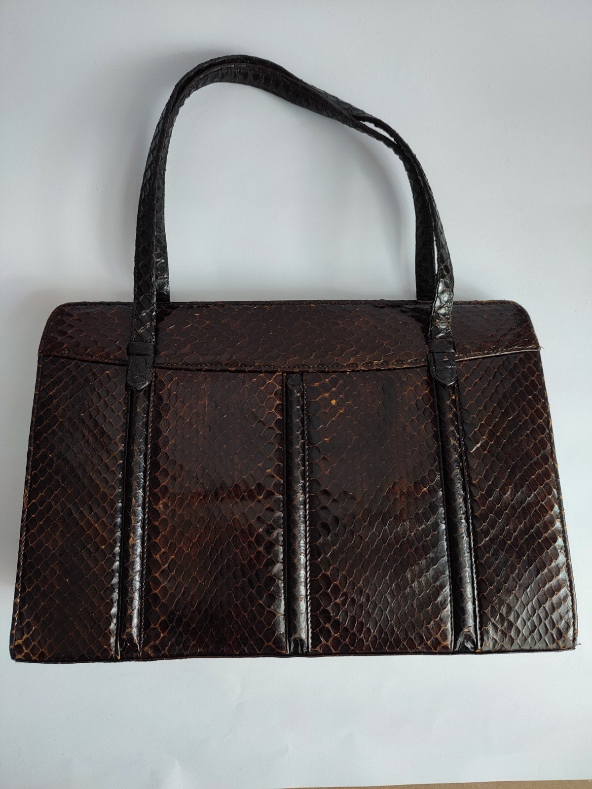 Vintage bruin leren handtas slangenleer '50 fifties, Ophalen of Verzenden, Gebruikt, Bruin, Handtas