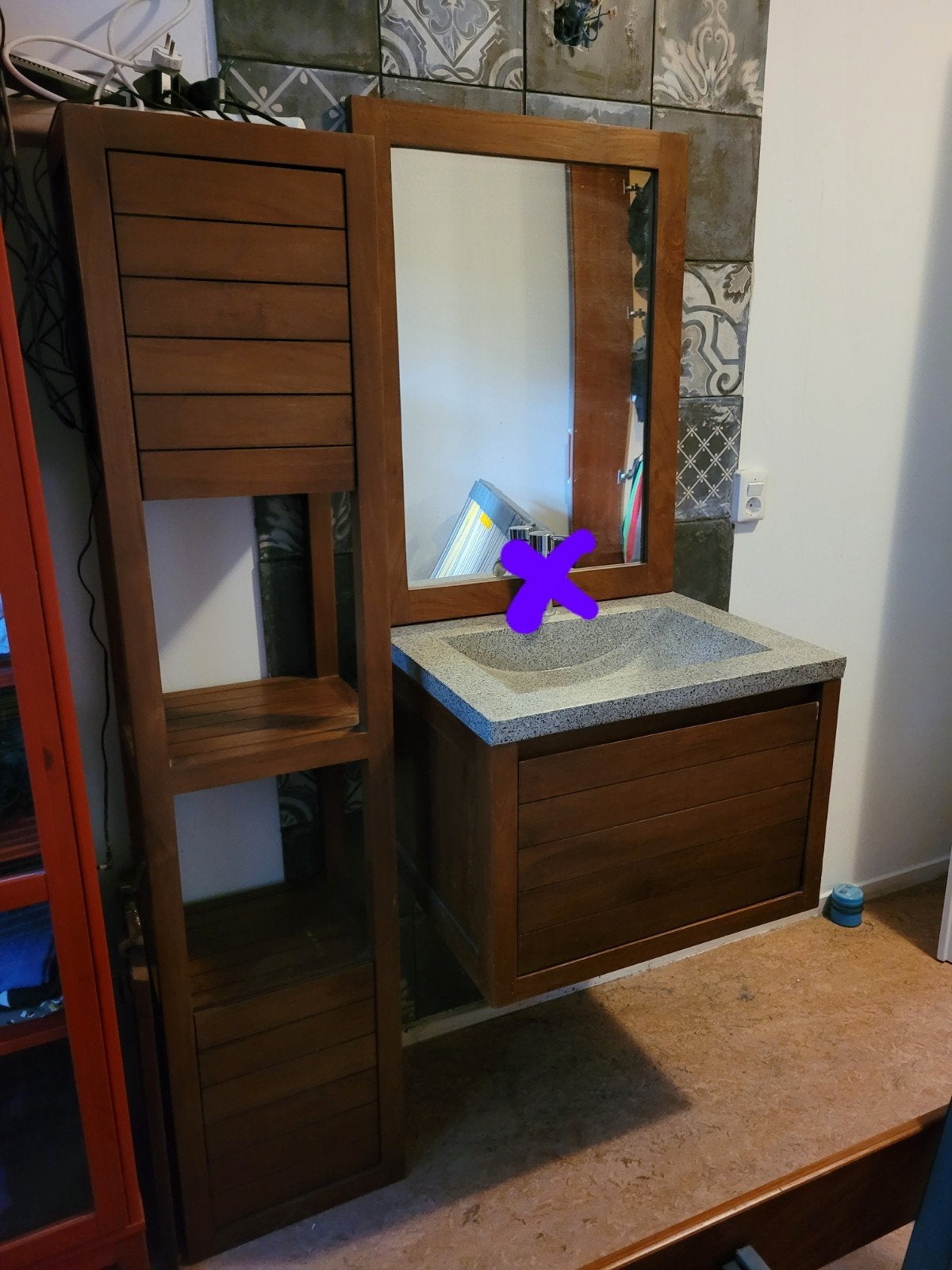 Badkamer meubel, graniet wastafel, spiegel van kersenhout., Huis en Inrichting, Badkamer | Badkamermeubels, Ophalen, 50 tot 100 cm
