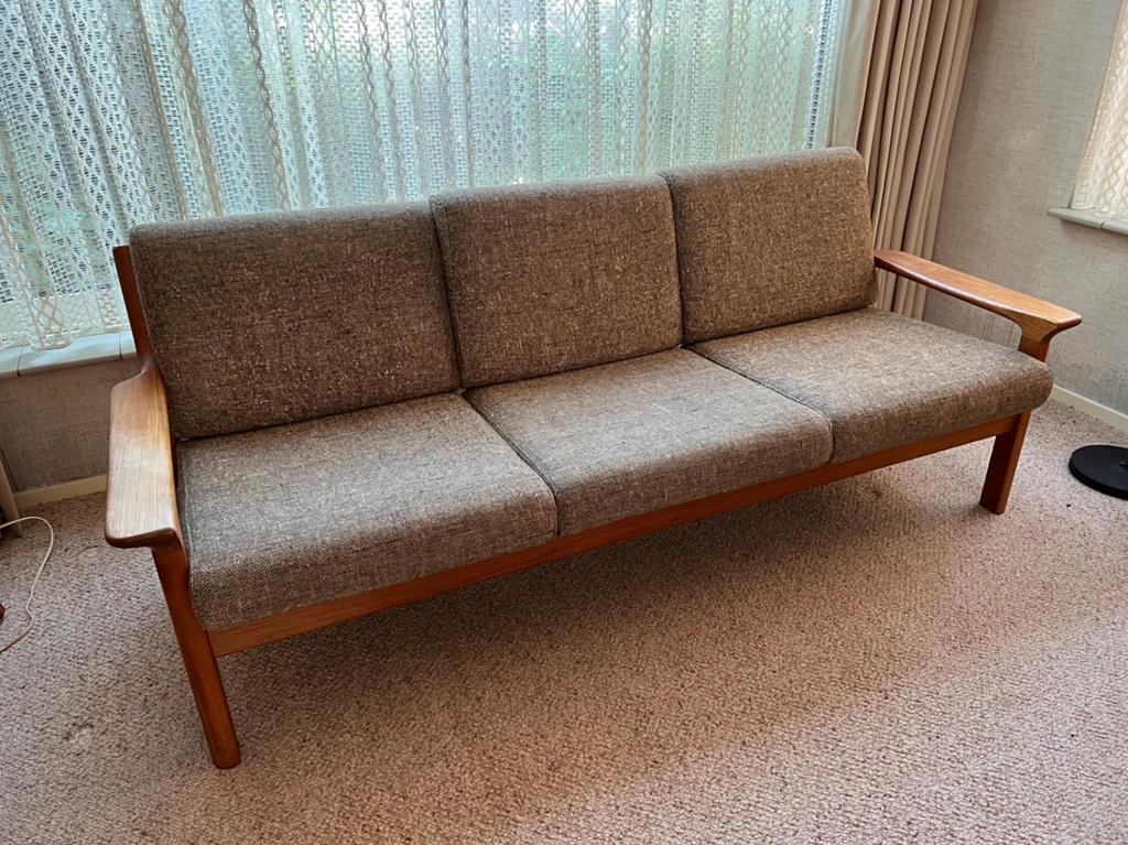 Deens design ? Juul Kristensen ? Bankstel teak/stof 1960, Ophalen, Gebruikt, Driepersoons, 75 tot 100 cm