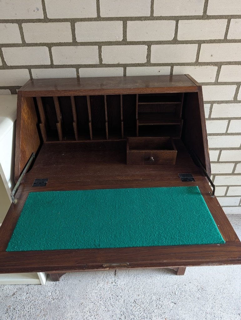 Eiken Klepbureau / Bureaukast met groen vilt (secretaire), Antiek en Kunst, Antiek | Meubels | Kasten, Ophalen