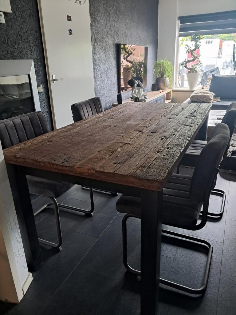 Eettafel oud wagonhout met 4 stoelen, Gebruikt, 150 tot 200 cm, Rechthoekig, 50 tot 100 cm