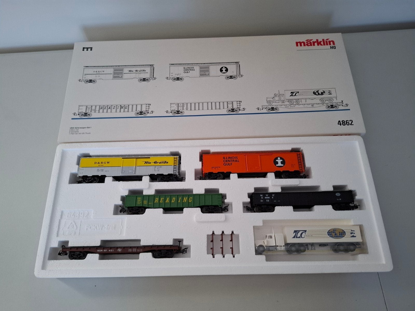 Marklin H0 4862 goederenwagons met vrachtwagen van de USA, Wisselstroom, Treinset, Ophalen of Verzenden, Zo goed als nieuw