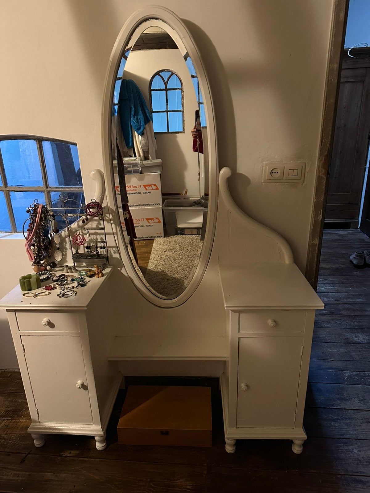 Witte kaptafel met ovale spiegel en ladekasten, Ophalen, Gebruikt, 100 tot 150 cm, 150 tot 200 cm