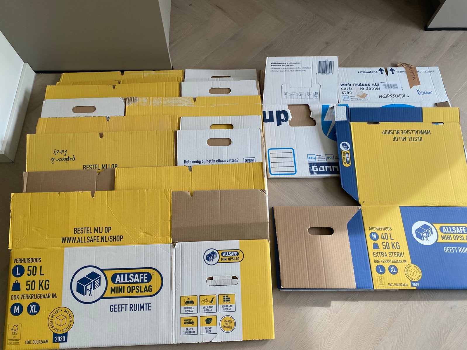 10 verhuisdozen All safe en Gamma, Doe-het-zelf en Verbouw, Kratten en Dozen, Ophalen, 50 tot 75 cm, Minder dan 40 cm, 35 tot 50 cm