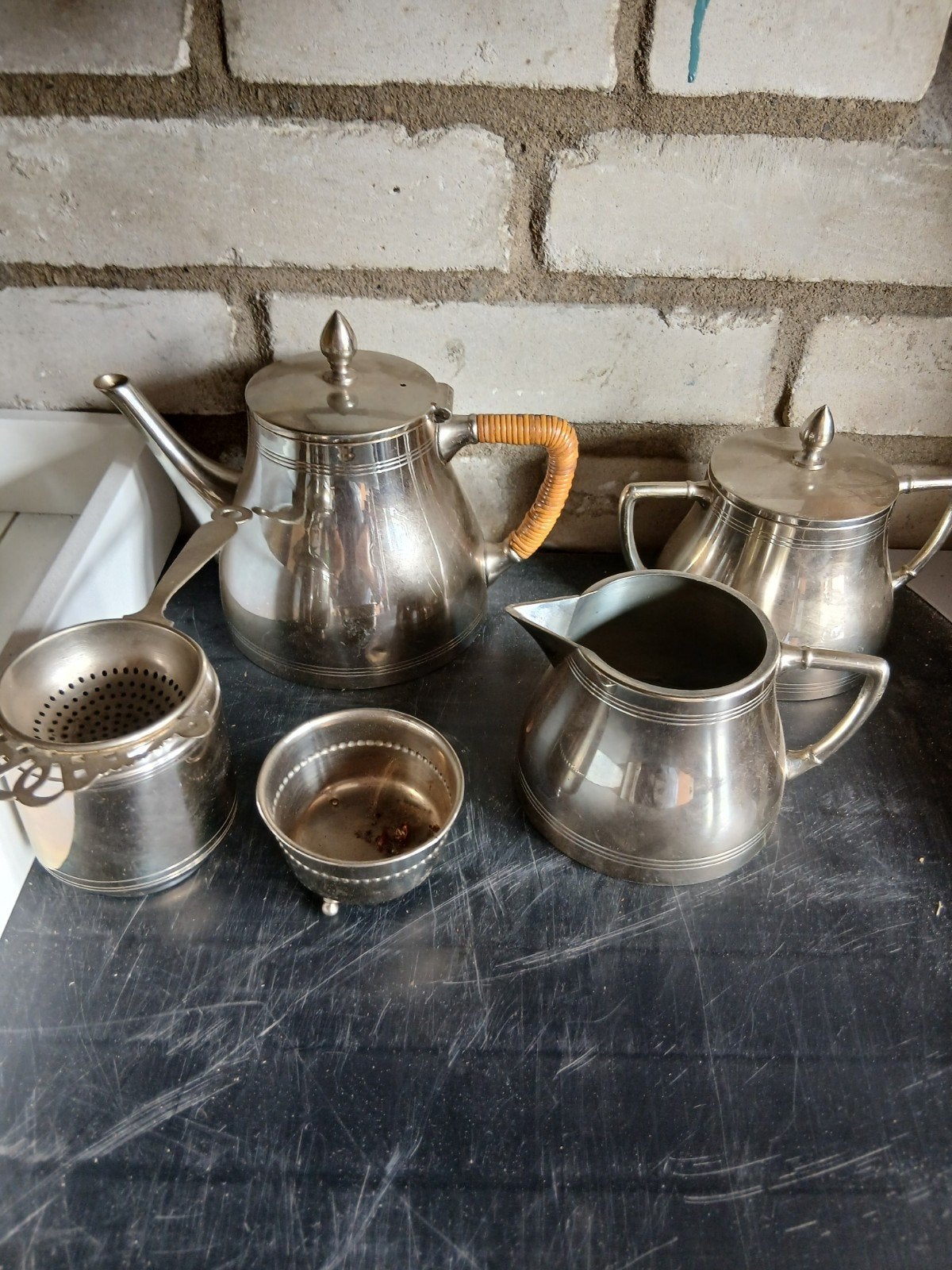 Antieke verzilverde theeset met zeef en suikerpot, Antiek en Kunst, Ophalen