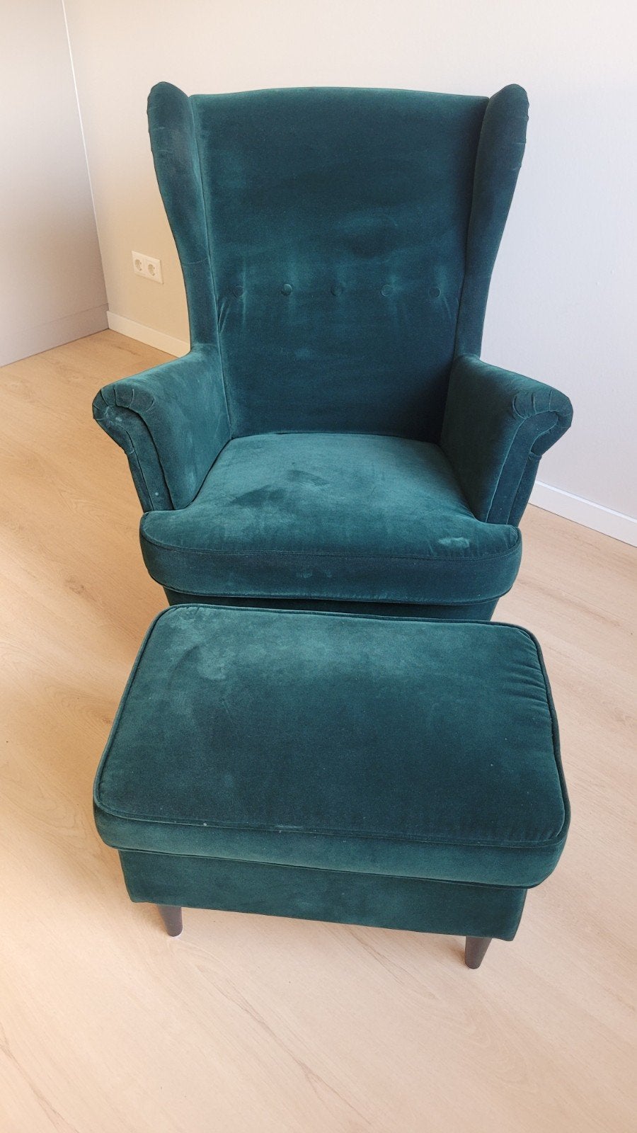 Fluwele donkergroen Fauteuil Ikea met voetenbank, Ophalen, Gebruikt, Minder dan 75 cm, 50 tot 75 cm