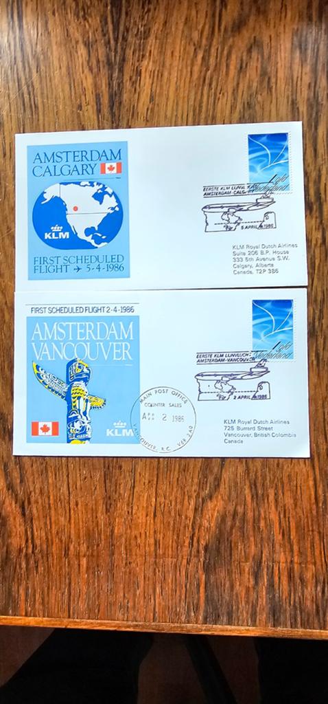 2 KLM enveloppen - First Scheduled Flight 1986, Verzamelen, Verzenden, Zo goed als nieuw, 81 t/m 91