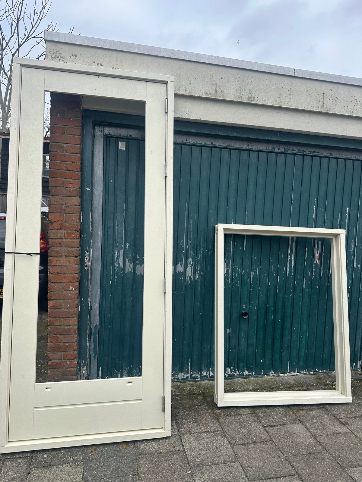 Deur met kozijn en raamkozijn - 103x242 en 140x110, Gebruikt, 215 cm of meer, Buitendeur, Hout