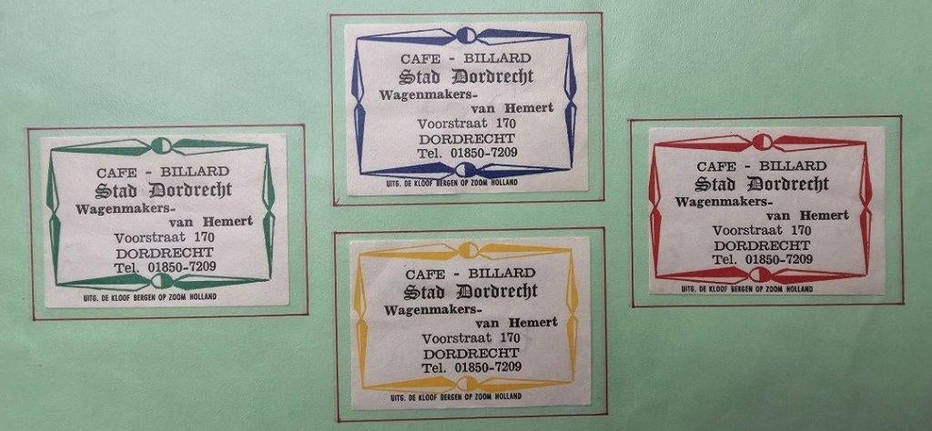 Café Billard Stad Dordrecht Wagenmakers-van Hemert, Verzamelen, Ophalen of Verzenden, Zo goed als nieuw, Luciferdoosjes of -merken