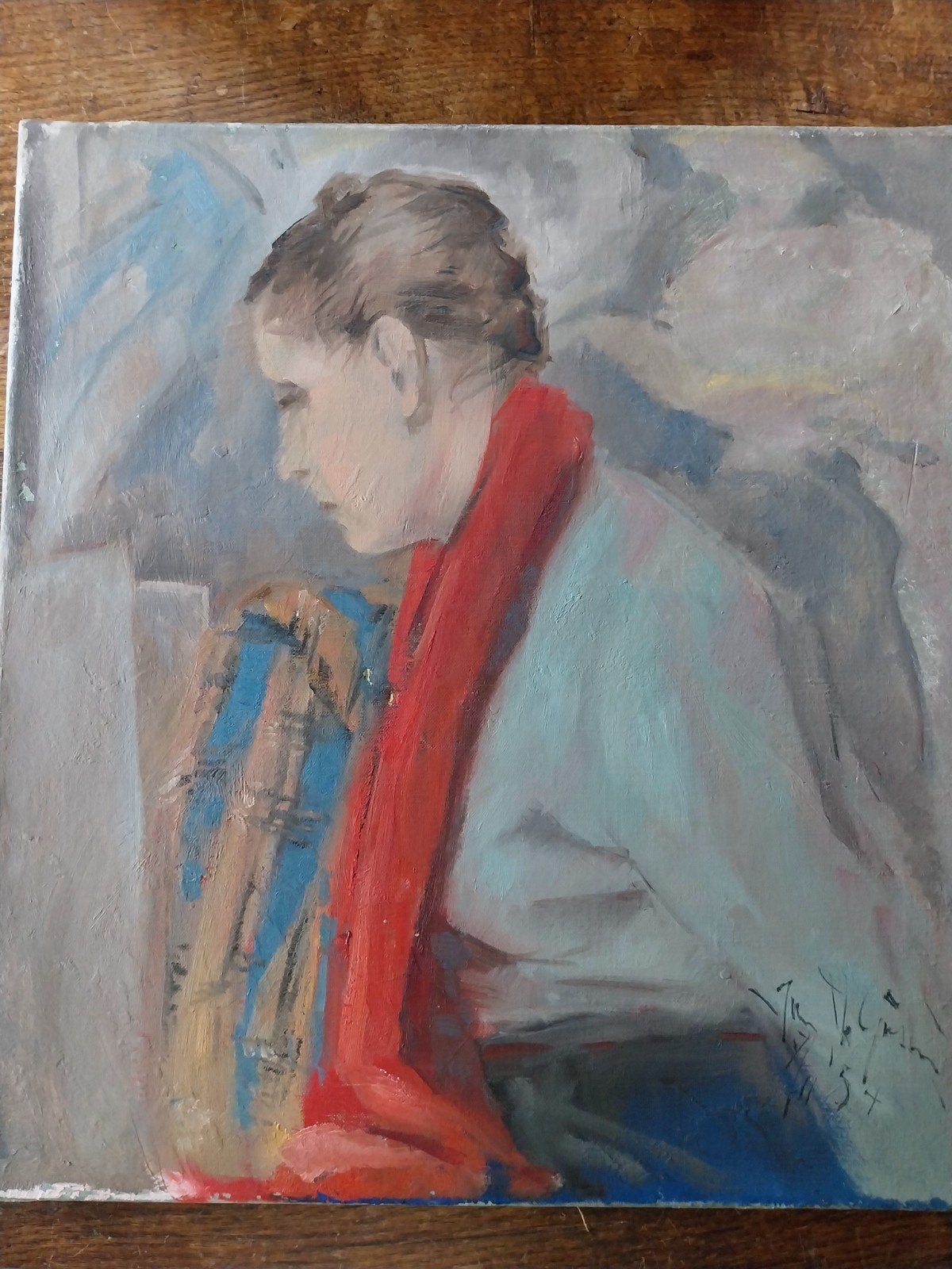Portret vrouw met rode sjaal door Jan Theoporus Giessen, Antiek en Kunst, Doek, Portret of Personen, Realistisch, Ophalen of Verzenden