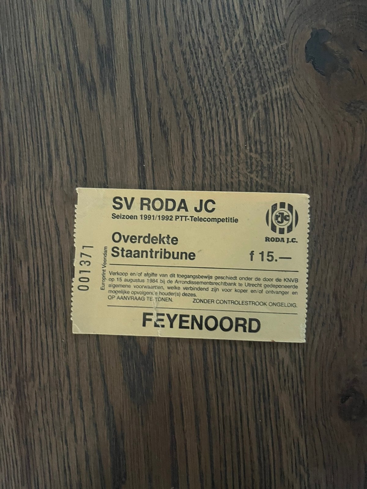 TICKET RODA-FEYENOORD 91-92, Verzamelen, Ophalen of Verzenden, Zo goed als nieuw, Feyenoord, Overige typen